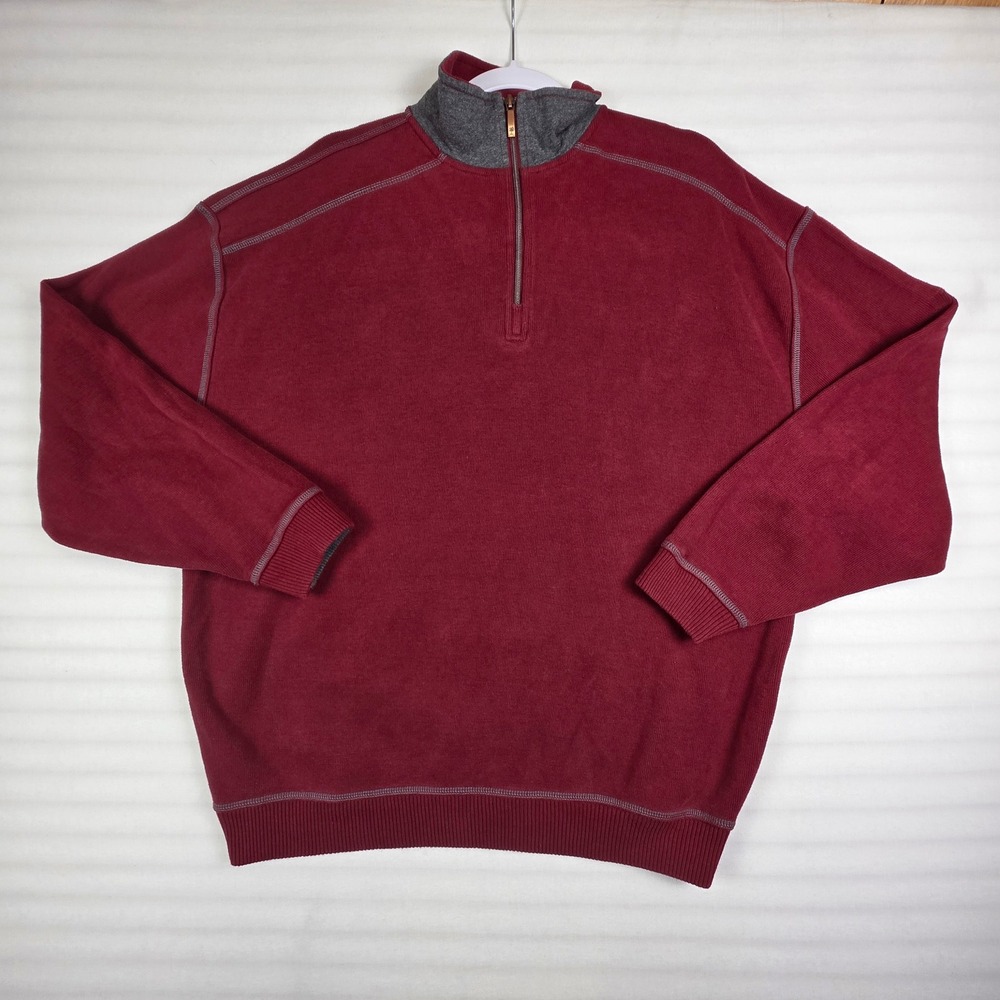 Tommy Bahama Pullover Mens L Red T20870 Quarter Zip Cotton Mock Neck Sweater